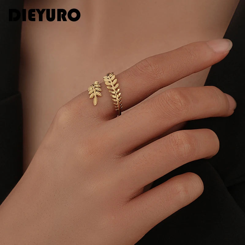 DIEYURO 316L Stainless Steel Leaf Cross Opening Ring For Woman French Elegant 2 Color Wedding Jewelry Holiday Gift Beautiful