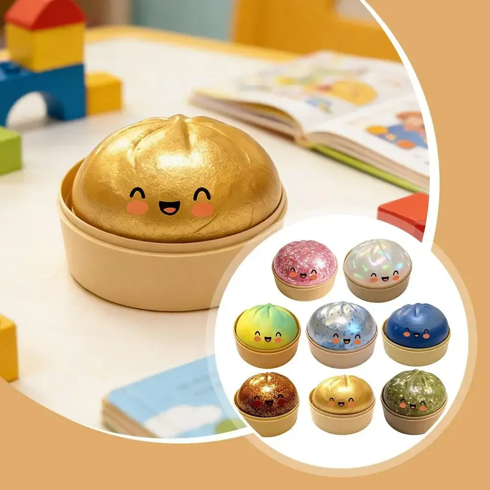 Colorful Dumpling Squishy Stress Relief Toy with Steamer Reusable Dough Ball Squeeze Rebound Sensory Fidget Toy Office Gift