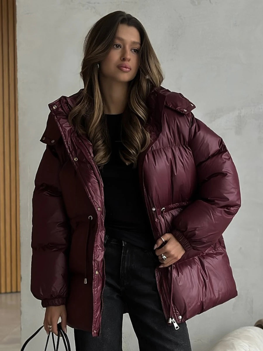 Wolfeel Drawstring Slim Fit Cotton Jacket Women's  Winter New Hooded Zipper Cotton Robe Comfortable Warm Bread Jacket