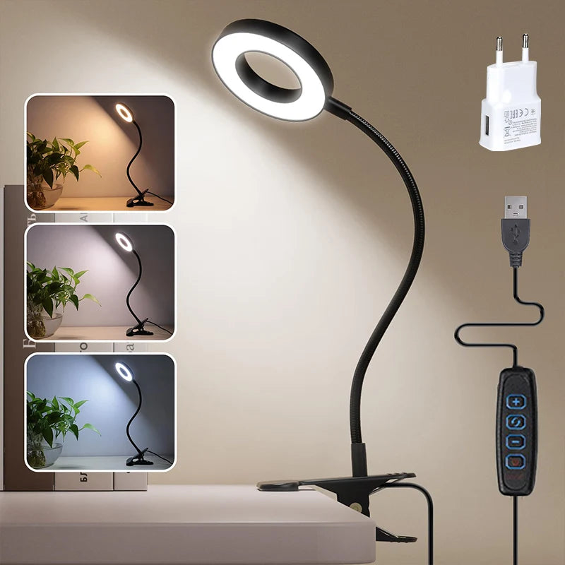 LED Desk Lamp with Memory Function,3 Light Modes,Dimmable,Clip On,Flexible Gooseneck,Eye Protection,No Flicke,Study, Bedroom Use