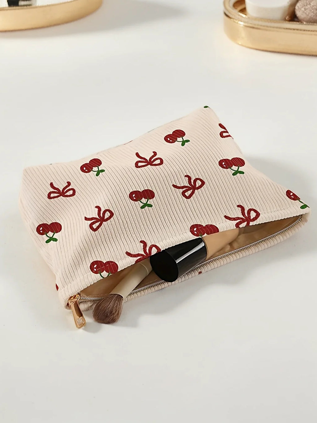 1pc，Pink bow patterned corduroy zipper makeup bag, lightweight and multifunctional makeup storage bag