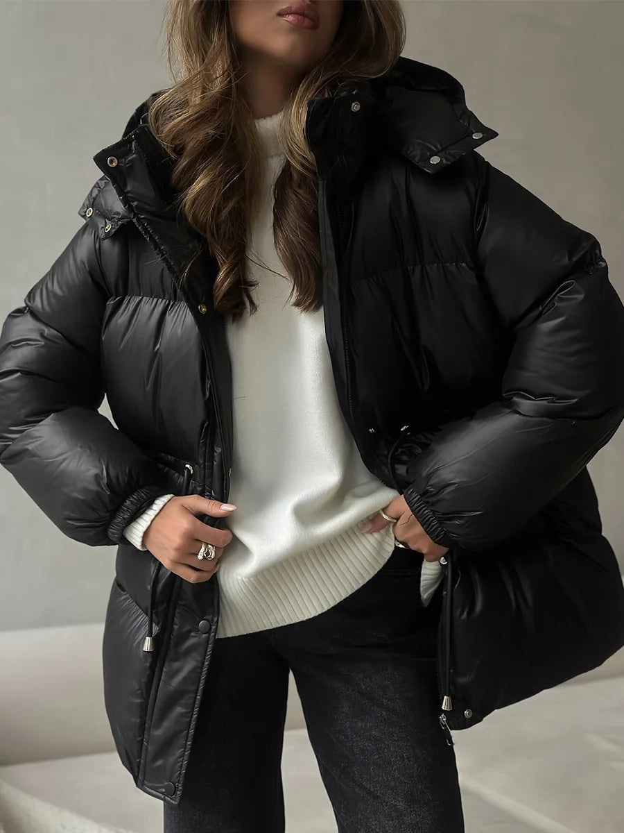 Wolfeel Drawstring Slim Fit Cotton Jacket Women's  Winter New Hooded Zipper Cotton Robe Comfortable Warm Bread Jacket