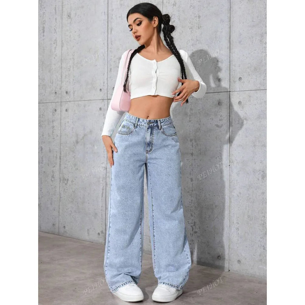 Women High Waist Denim Jeans Vintage Wide Leg Straight Pants Distressed Washed Pockets Streetwear Floor Length