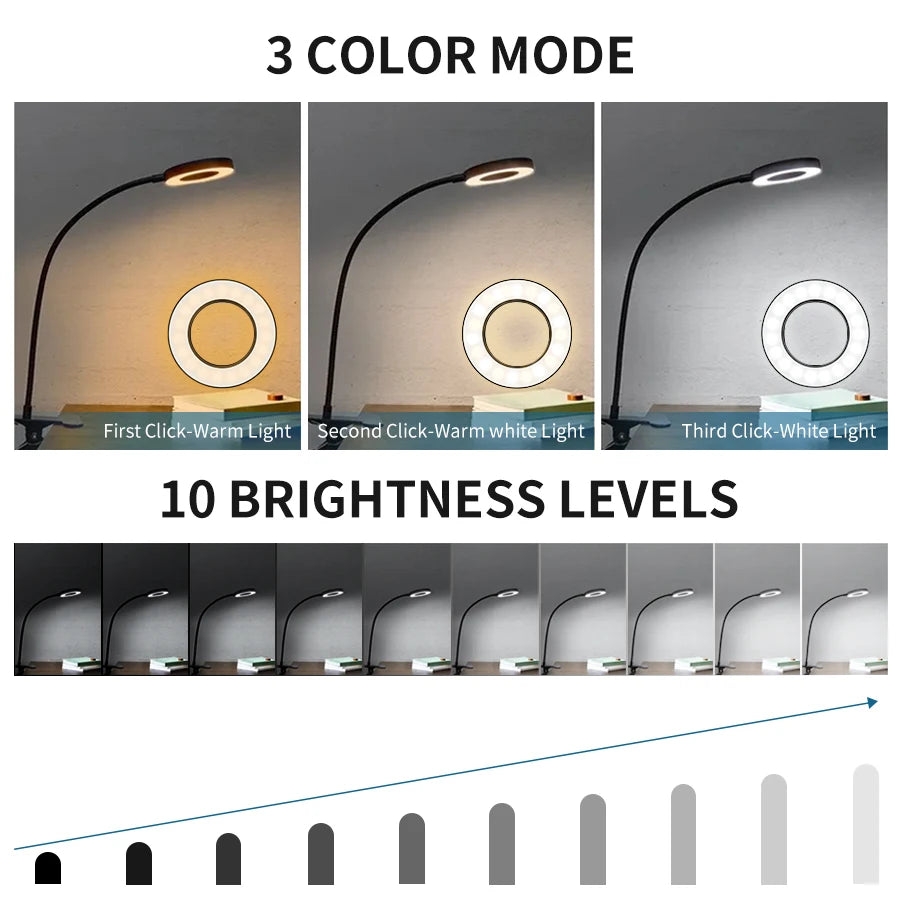 LED Desk Lamp with Memory Function,3 Light Modes,Dimmable,Clip On,Flexible Gooseneck,Eye Protection,No Flicke,Study, Bedroom Use