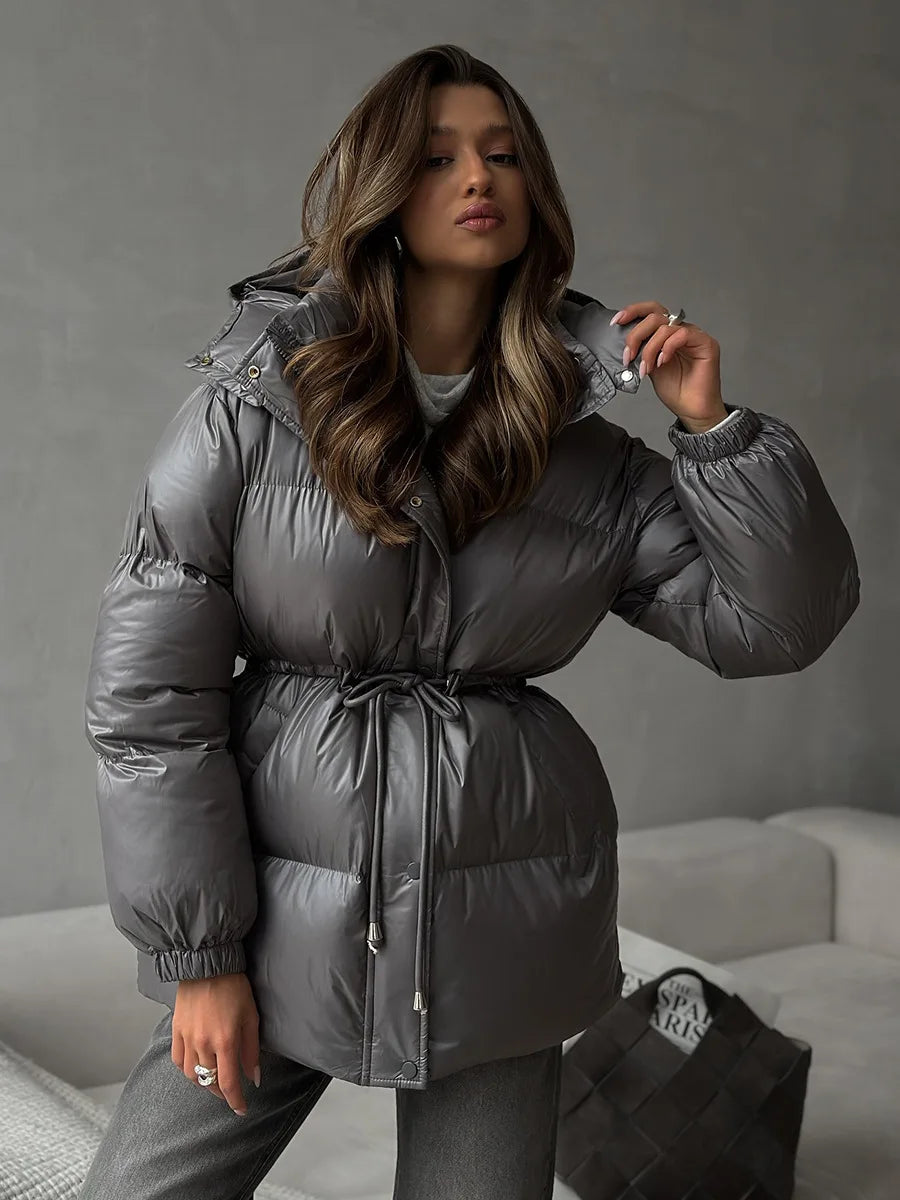 Wolfeel Drawstring Slim Fit Cotton Jacket Women's  Winter New Hooded Zipper Cotton Robe Comfortable Warm Bread Jacket
