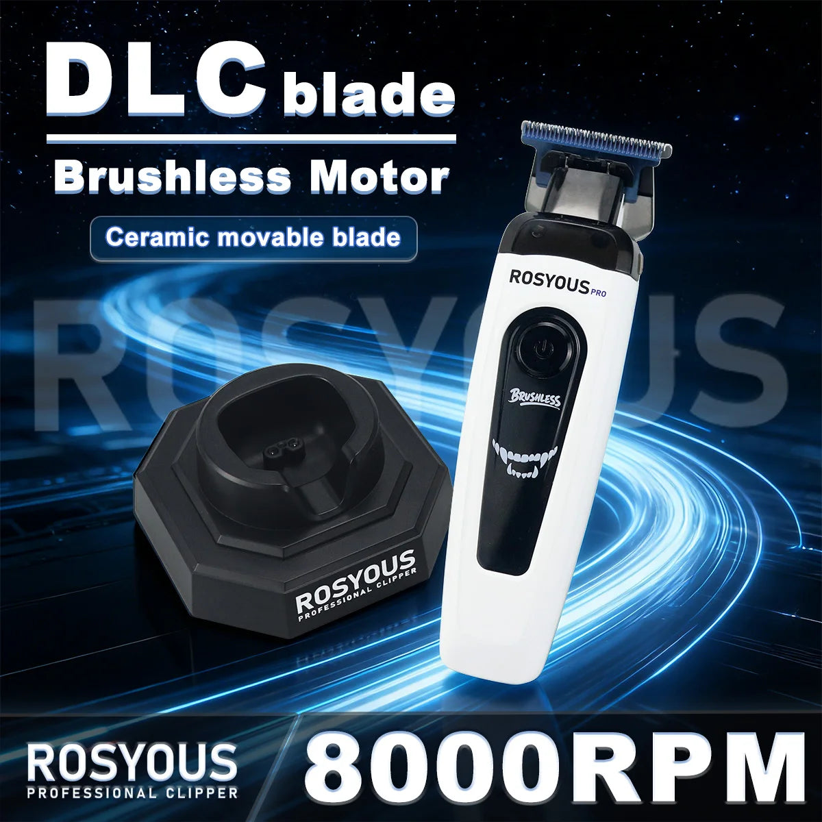ROSYOUS RSpro-202 Hair Trimmer for Men DLC Blade T-Blade 8000RPM Brushless Motor with Base Charger 2000mAh Men's Barber Machine