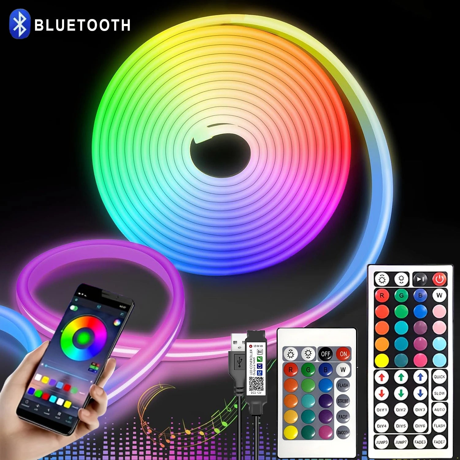 5V USB RGB Neon LED Strip Light 1M 2M 3M 4M 5M Waterproof LED Neon Strip With App and 44key Remote Control For Home Decor Lights