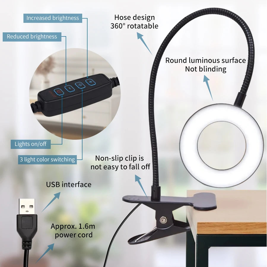LED Desk Lamp with Memory Function,3 Light Modes,Dimmable,Clip On,Flexible Gooseneck,Eye Protection,No Flicke,Study, Bedroom Use
