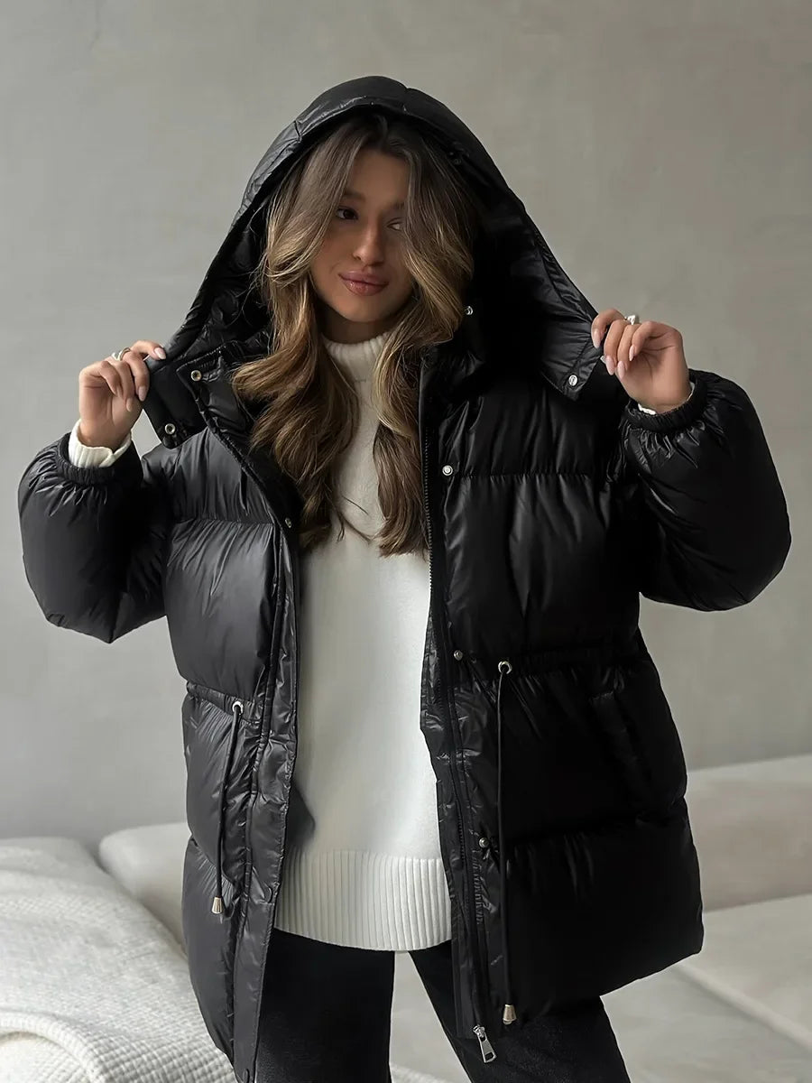Wolfeel Drawstring Slim Fit Cotton Jacket Women's  Winter New Hooded Zipper Cotton Robe Comfortable Warm Bread Jacket