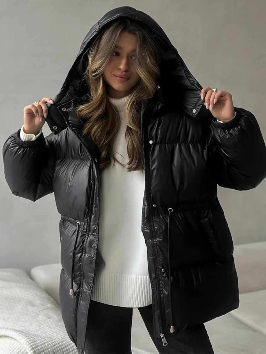 Wolfeel Drawstring Slim Fit Cotton Jacket Women's  Winter New Hooded Zipper Cotton Robe Comfortable Warm Bread Jacket