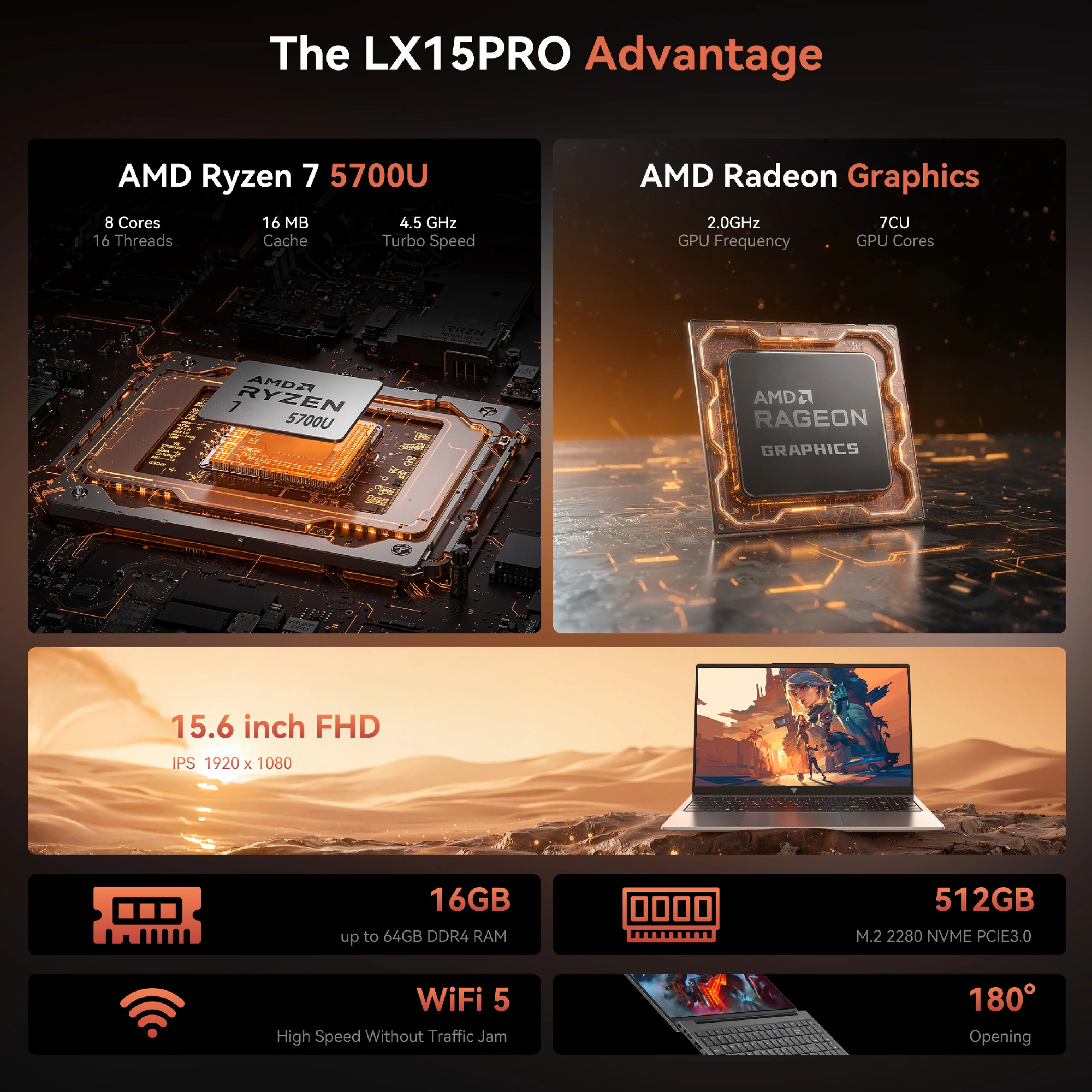 ACEMAGIC 15.6" Laptop  AMD Ryzen 7 5700U computer laptops 8 Cores 16GB DDR4 RAM 512GB SSD Full HD Display Light Gaming Laptop