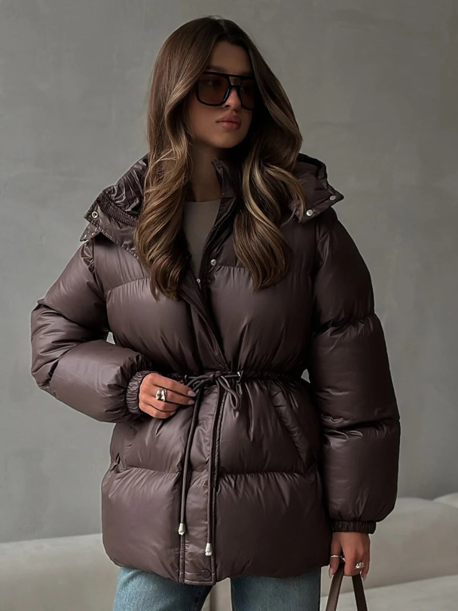 Wolfeel Drawstring Slim Fit Cotton Jacket Women's  Winter New Hooded Zipper Cotton Robe Comfortable Warm Bread Jacket
