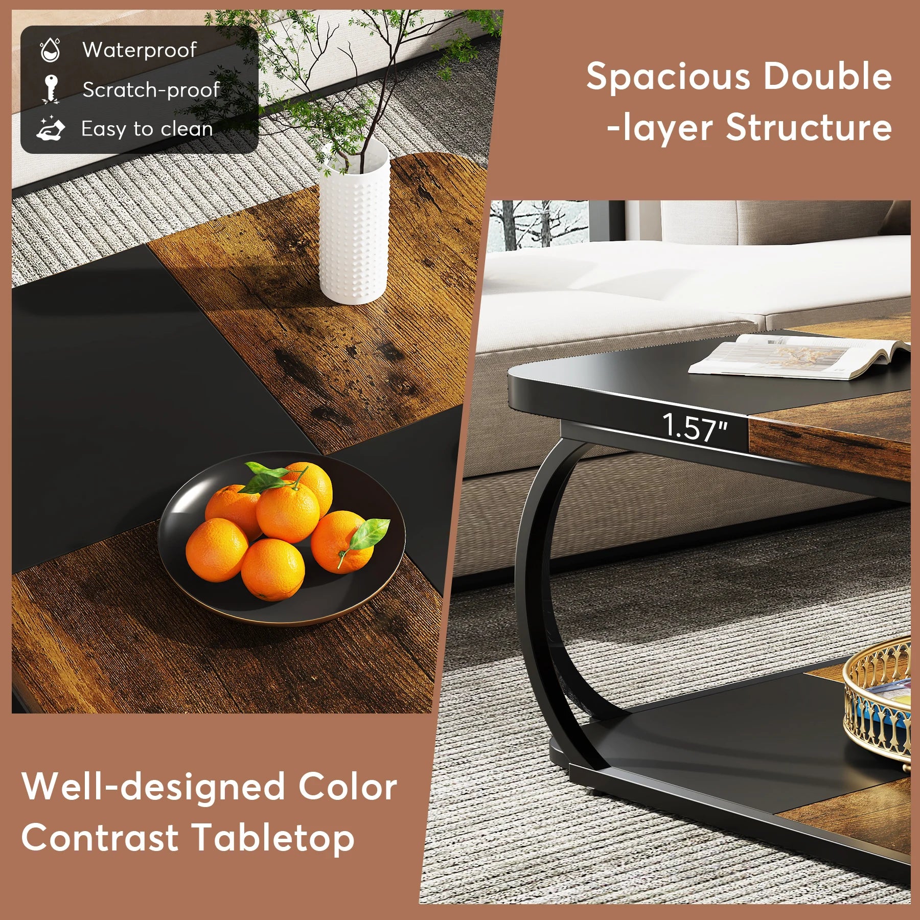 Tribesigns Square Coffee Table with 2 Tiers, 40 inches Low Farmhouse Coffee Table with Wood Storage Shelf Heavy Duty Metal Curve