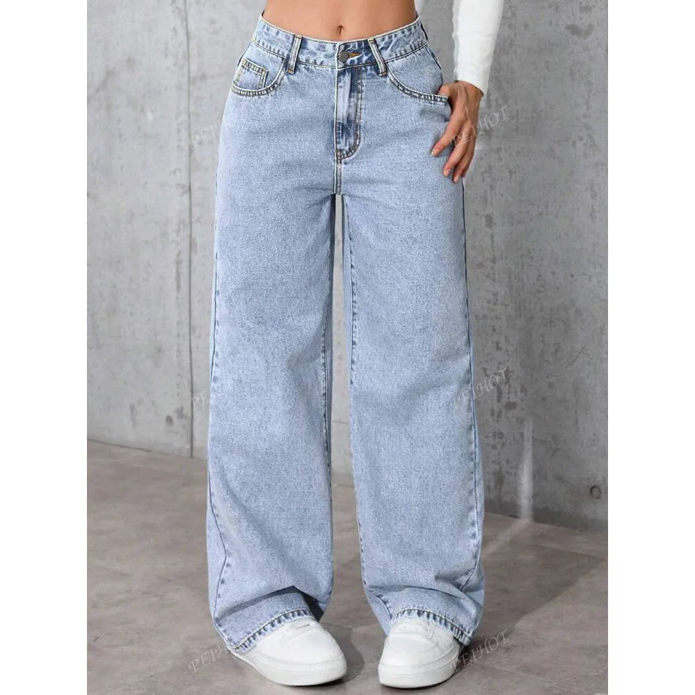 Women High Waist Denim Jeans Vintage Wide Leg Straight Pants Distressed Washed Pockets Streetwear Floor Length