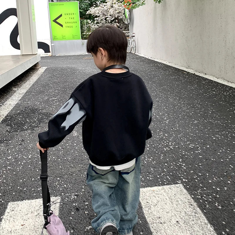 Spring Autumn Boys Cotton Loose Alphabet Printing Sweatshirt School Kids Track Coat Tops Child Workout Pullover Jumper 5-16Years