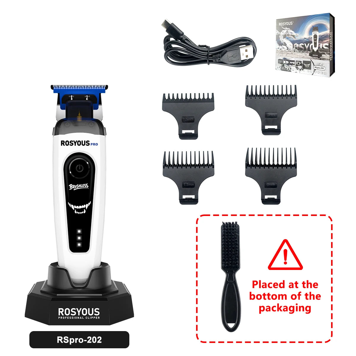 ROSYOUS RSpro-202 Hair Trimmer for Men DLC Blade T-Blade 8000RPM Brushless Motor with Base Charger 2000mAh Men's Barber Machine
