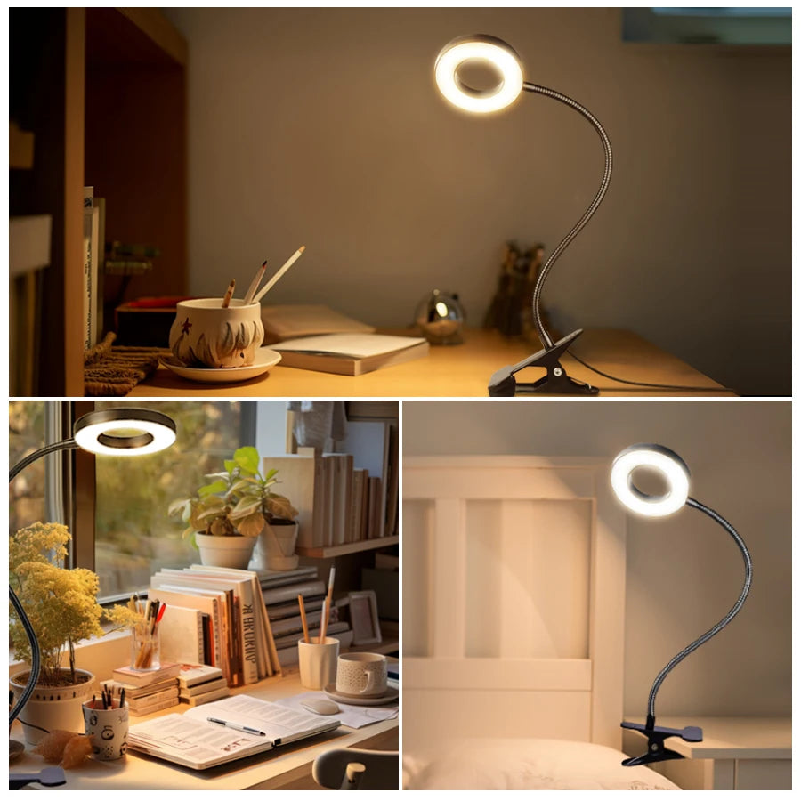 LED Desk Lamp with Memory Function,3 Light Modes,Dimmable,Clip On,Flexible Gooseneck,Eye Protection,No Flicke,Study, Bedroom Use