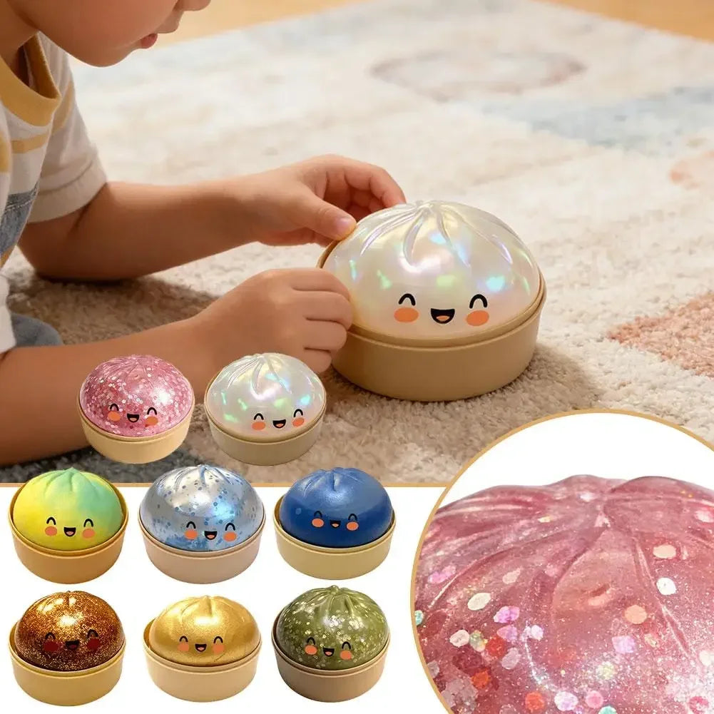 Colorful Dumpling Squishy Stress Relief Toy with Steamer Reusable Dough Ball Squeeze Rebound Sensory Fidget Toy Office Gift