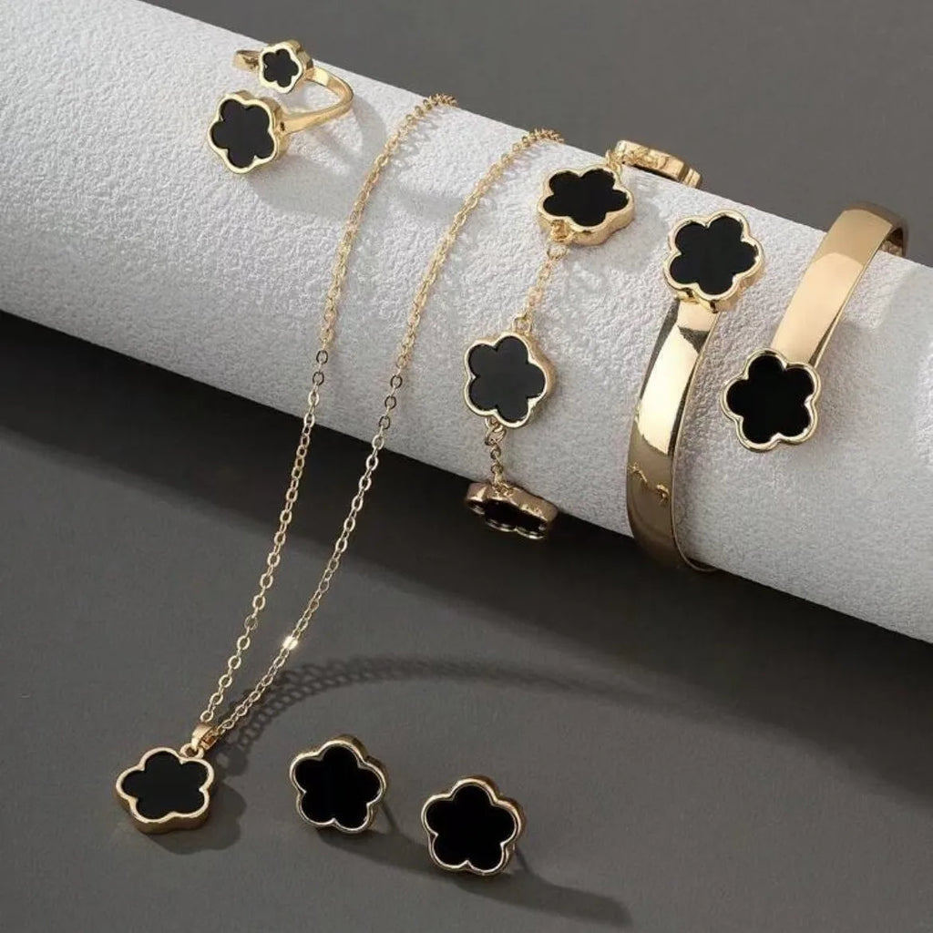 5pcs/set Colorful Enamel Plum Blossom Bracelets for Women Lucky Five Leaf Flower Necklace Earring Elegance Party Jewelry Gifts