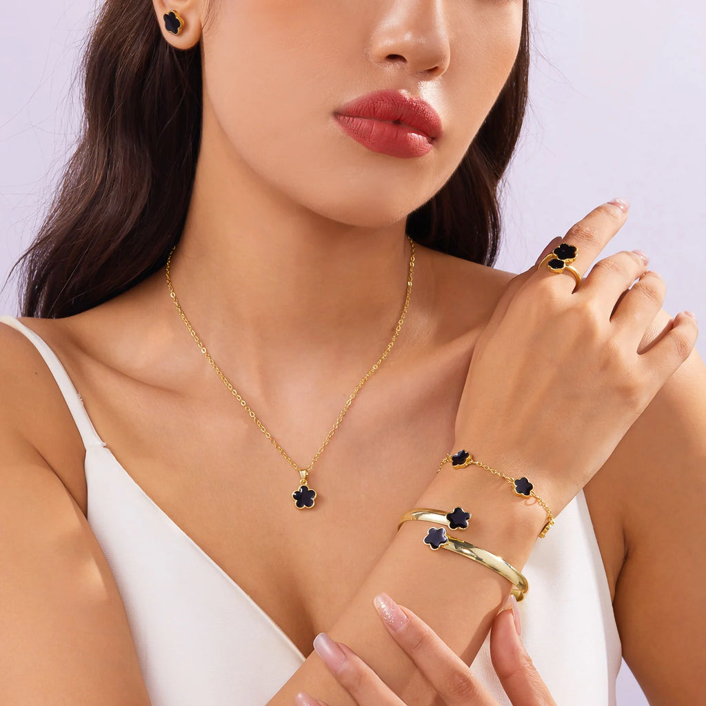 5pcs/set Colorful Enamel Plum Blossom Bracelets for Women Lucky Five Leaf Flower Necklace Earring Elegance Party Jewelry Gifts