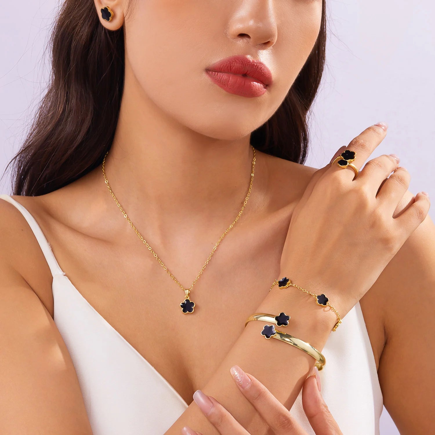 5pcs/set Colorful Enamel Plum Blossom Bracelets for Women Lucky Five Leaf Flower Necklace Earring Elegance Party Jewelry Gifts