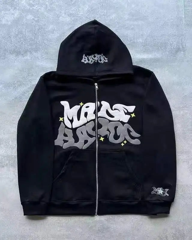 Retro Star and Letter Printed Zipper Hoodies 2025 Spring Autumn Harajuku Y2K Women and Men Fashion Hip Hop Long Sleeve Hooded