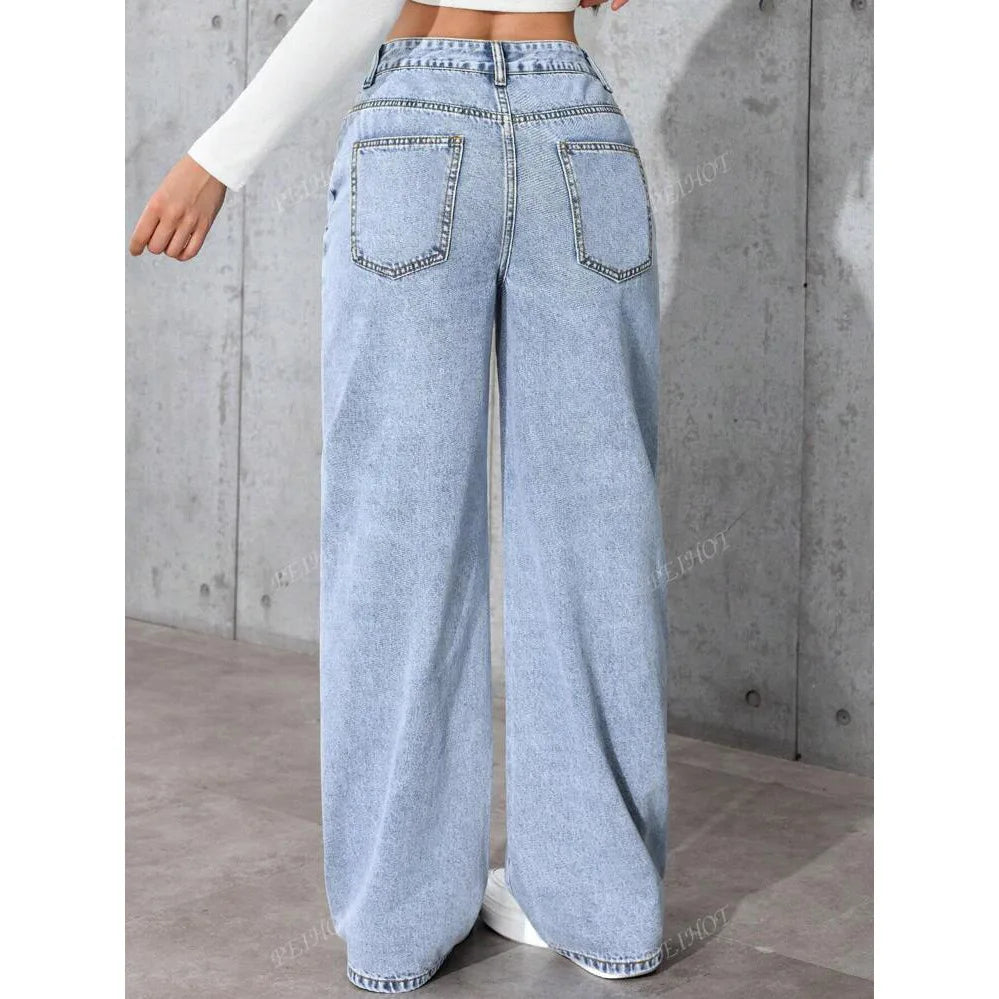 Women High Waist Denim Jeans Vintage Wide Leg Straight Pants Distressed Washed Pockets Streetwear Floor Length