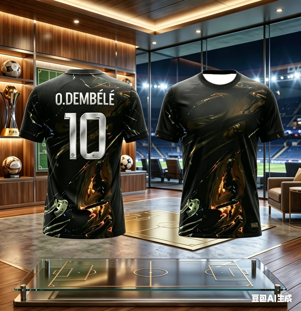 Kids Psg Football T-Shirt Soccer Jersey Black Gold Liquid Print Breathable Quick Dry Training Tee Fan Sport Top Men Women