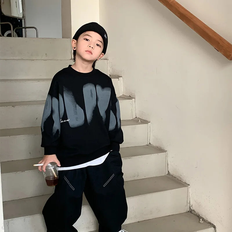 Spring Autumn Boys Cotton Loose Alphabet Printing Sweatshirt School Kids Track Coat Tops Child Workout Pullover Jumper 5-16Years