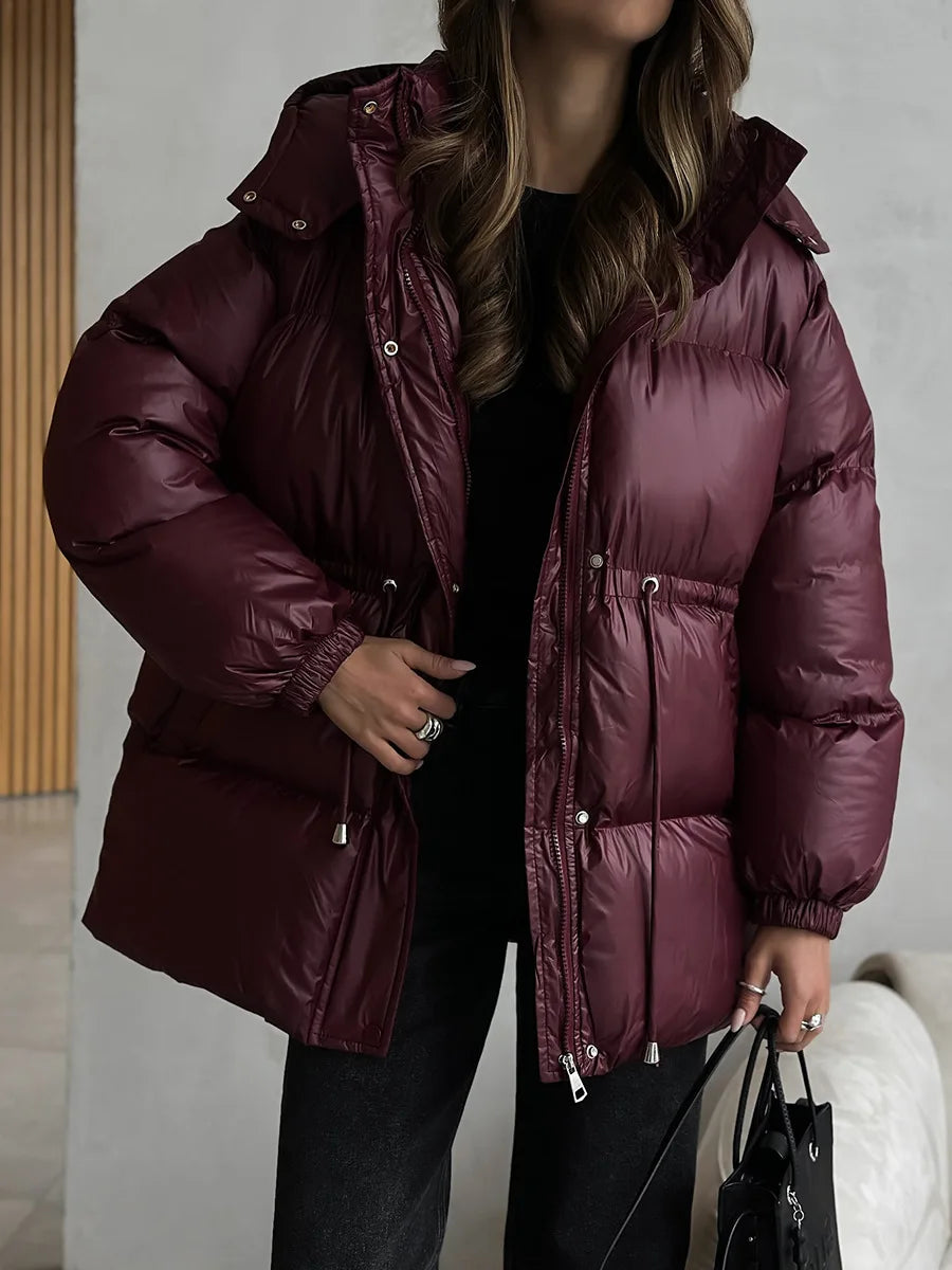 Wolfeel Drawstring Slim Fit Cotton Jacket Women's  Winter New Hooded Zipper Cotton Robe Comfortable Warm Bread Jacket