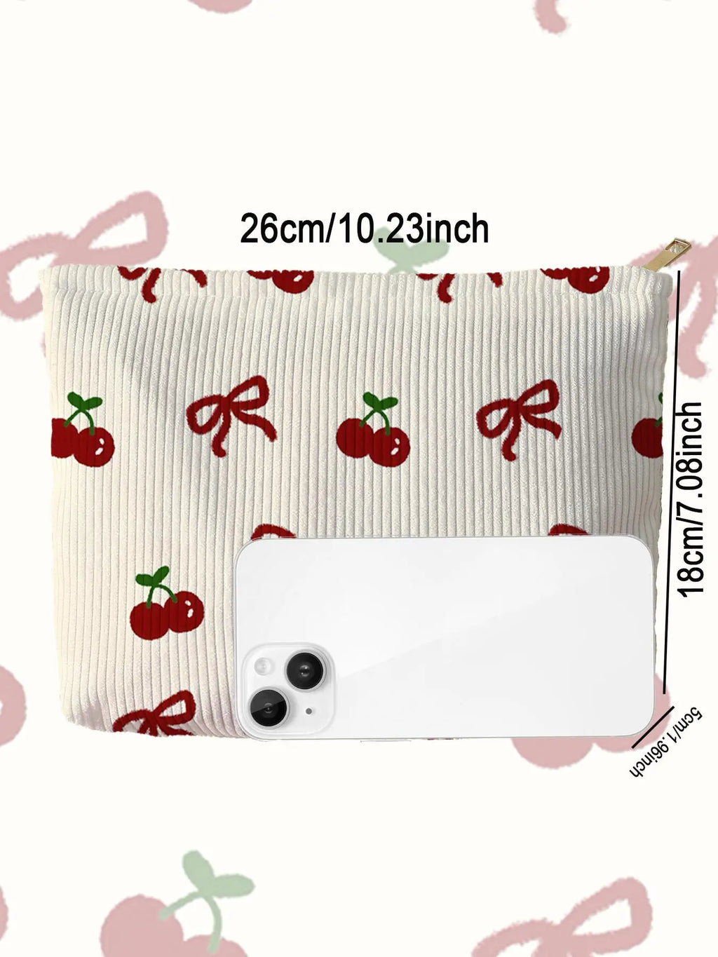 1pc，Pink bow patterned corduroy zipper makeup bag, lightweight and multifunctional makeup storage bag