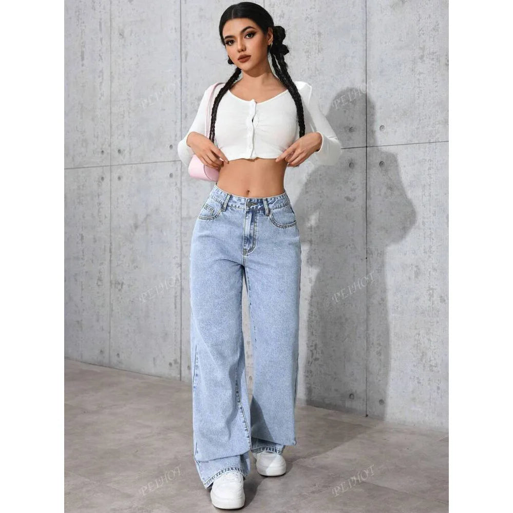 Women High Waist Denim Jeans Vintage Wide Leg Straight Pants Distressed Washed Pockets Streetwear Floor Length