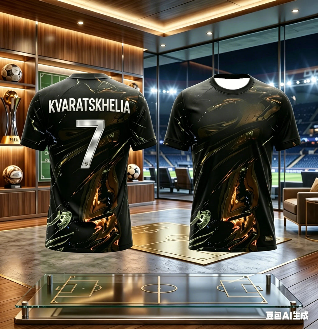 Kids Psg Football T-Shirt Soccer Jersey Black Gold Liquid Print Breathable Quick Dry Training Tee Fan Sport Top Men Women