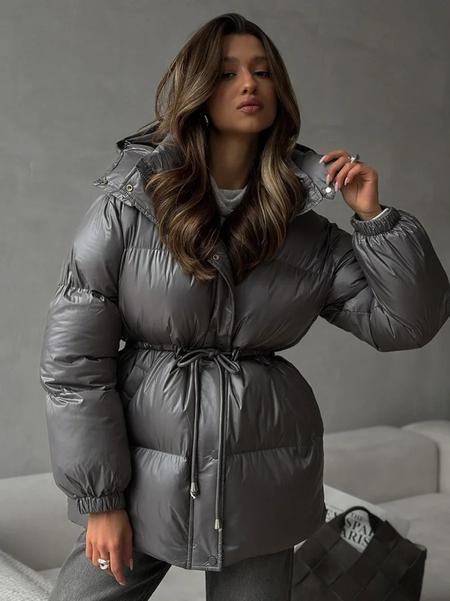 Wolfeel Drawstring Slim Fit Cotton Jacket Women's  Winter New Hooded Zipper Cotton Robe Comfortable Warm Bread Jacket
