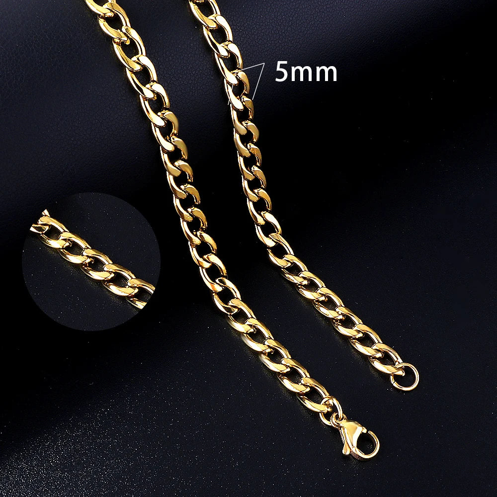 ASONSTEEL 5/7MM Gold Color Punk Cuban Link Chains Stainless Steel Men Women Long Necklace Choker Jewelry Wholesale Bulk Sale